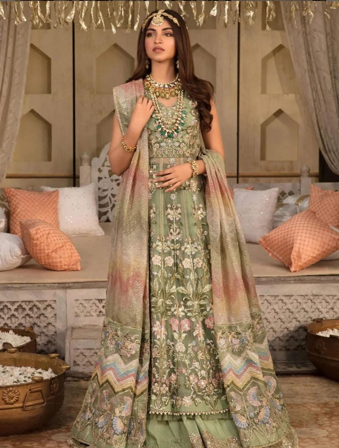 Crimson mint green partywear